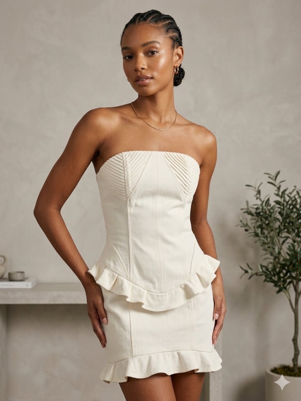Strapless White Ruffle Peplum Mini Dress Sz L